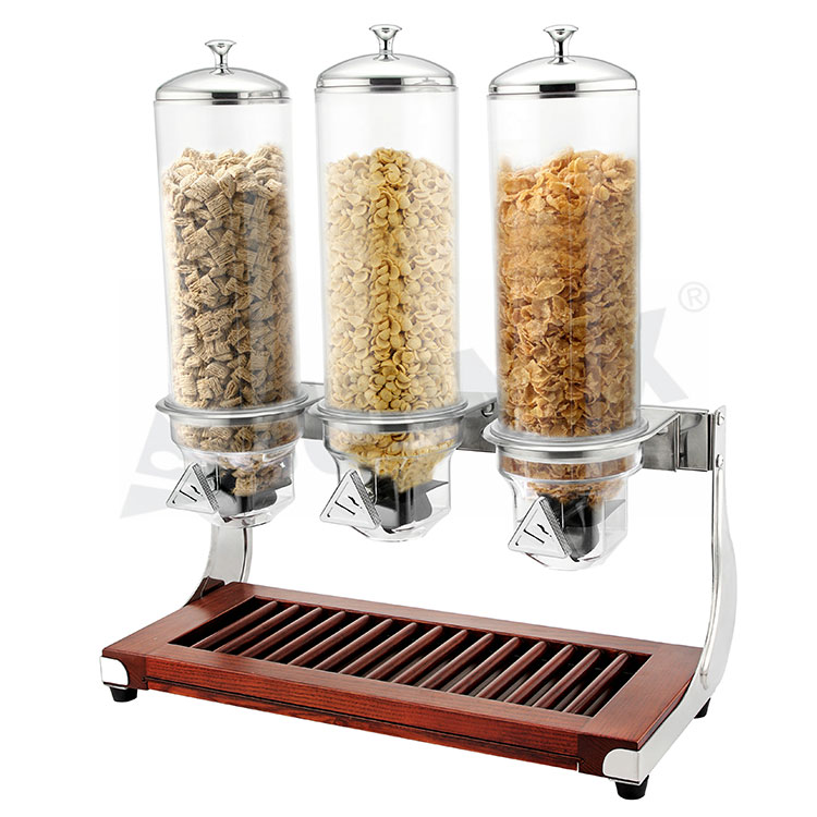 Dispensador de cereales triple con base de madera maciza